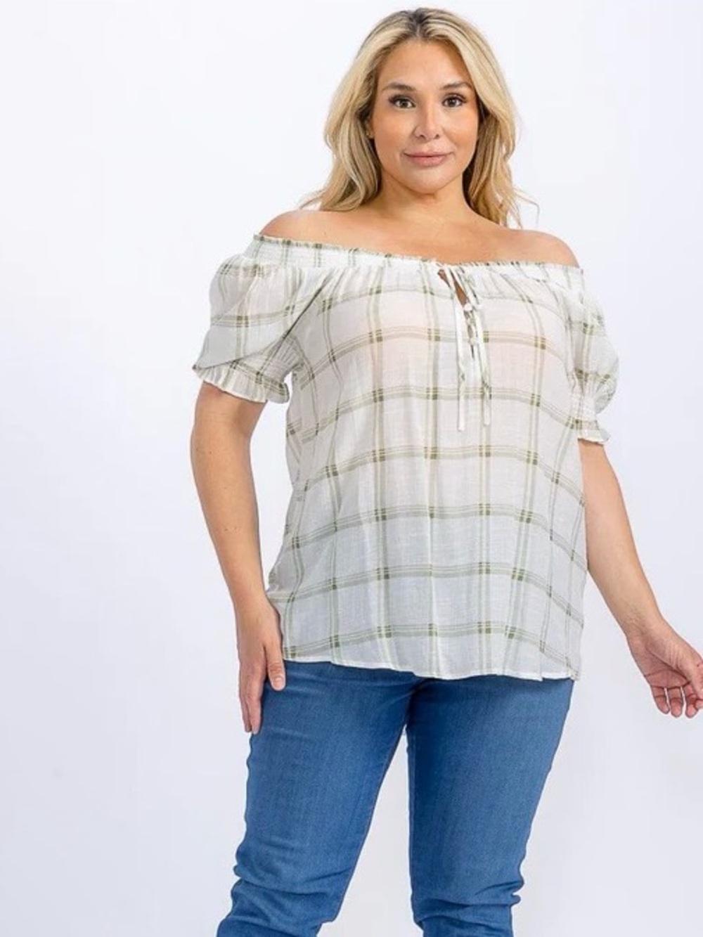 0271.  Off-Shoulder Plaid Peasant Top in Light Green